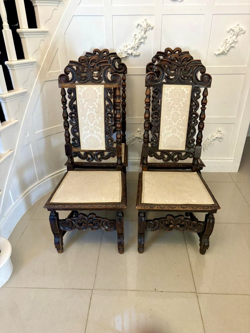 Antique Victorian Quality Set of 4 Carved Oak Dining Chairs